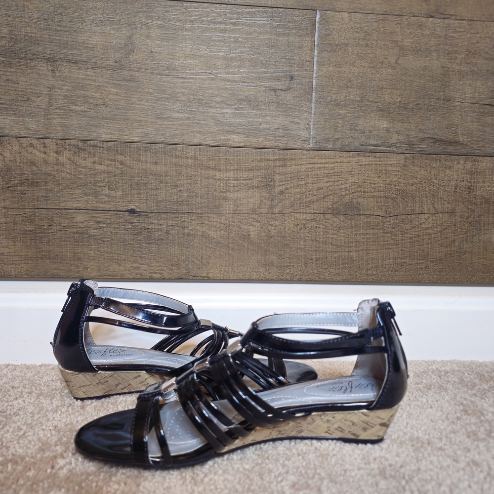 Dexflex Comfort Black Strappy Cage Wedges With Memory Foam, Style Posh US 6.5
